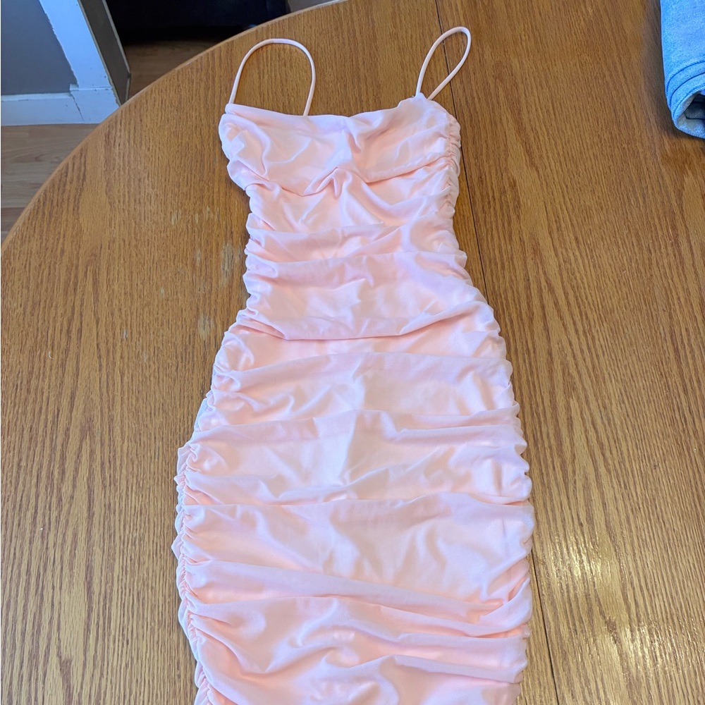 Oh Polly Peach Ruched Midi Dress